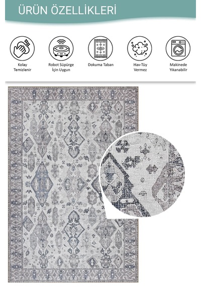 Stonart Eskitme Vintage Desenli Gri Otantik Yıkanabilir Şönil Halı Al 452 gri
