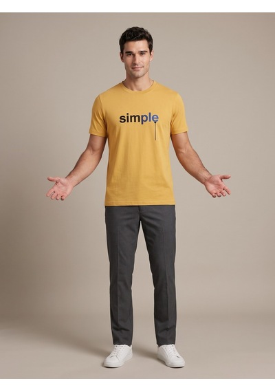 Maccali Erkek Sarı Simple Baskılı Bisiklet Yaka Bol Kesim Tişört
