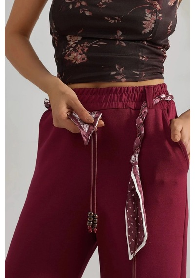 Fiolin Modal Şal Kemer Dataylı Pantolon Bordo
