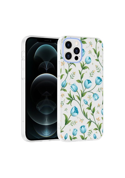 iPhone 12 Kılıf Kamera Korumalı Desenli Zore Klip Kapak - Mavi Lale -