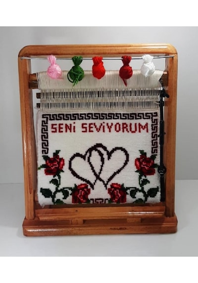 100tel Seni Seviyorum Motifli El Dokuması Hediyelik Minyatür Halı Çok Renkli