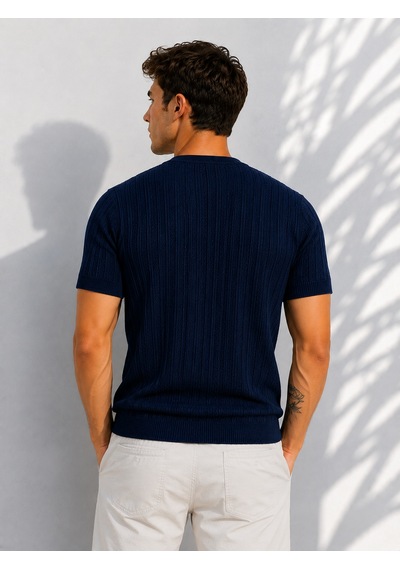 Ribana Erkek Bisiklet Yaka Kısa Kollu Esnek Örme Triko T-shirt 26091 Lacivert