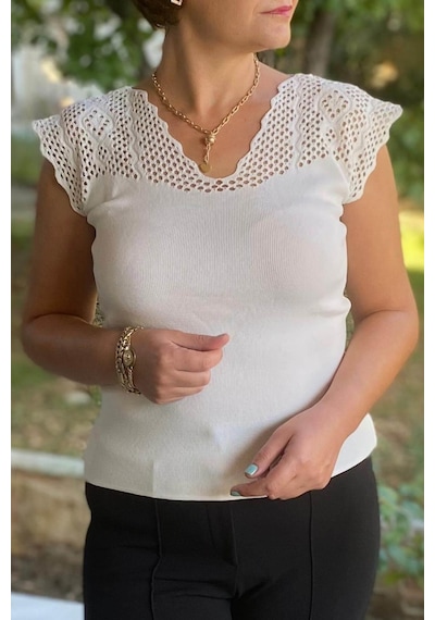 Mia Butik Kadın Beyaz Sıfır Kol Ajurlu Triko Bluz-1266 Beyaz