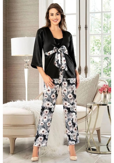 Faal 4910 Kadın Saten Sabahlıklı İp Askılı Pijama Takım-siyah Siyah