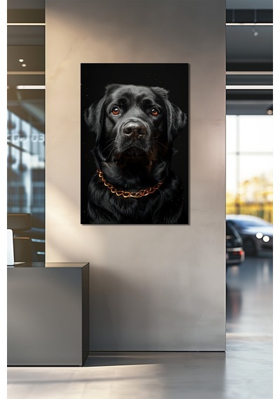 Siyah Köpek Baskılı Cam Tablo Gold Zincir Detaylı Modern Hayvan Temalı Duvar Dekoru