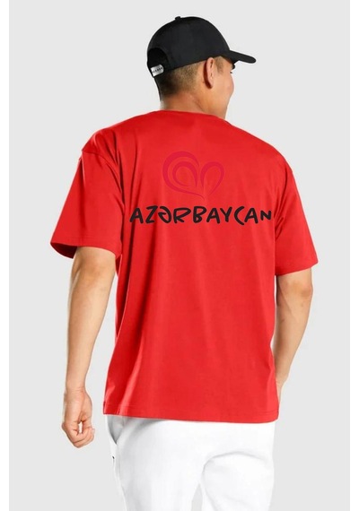 Azerbaycan Seviyorum I Love Azarbaycan Kırmızı Oversize Unisex Ön Ve Sırt Baskılı Tişört Kırmızı