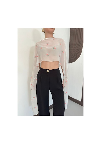 Verymoda Nakışlı Şifon Pelerin Bluz D3137 Krem Pudra