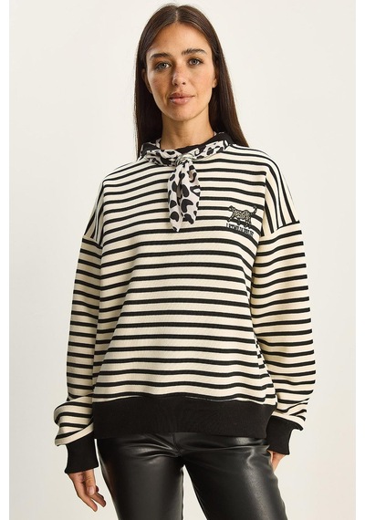 Shade Kadın Fular Detaylı Leopar Nakışlı Çizgili Üç İplik Şardonlu Oversize Sweatshirt 6973 60283818 - Ekru-siyah Çok Renkli Shade Kadın Fular Detaylı Leopar Nakışlı Çizgili Üç İplik Şardonlu Oversize Sweatshirt 6973 60283818 - Ekru-siyah Çok Renkli