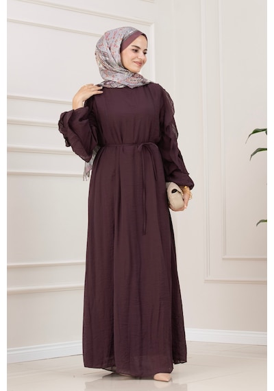 Sevitli Kolları Fırfır Detaylı Simay Elbise-mürdüm-5792