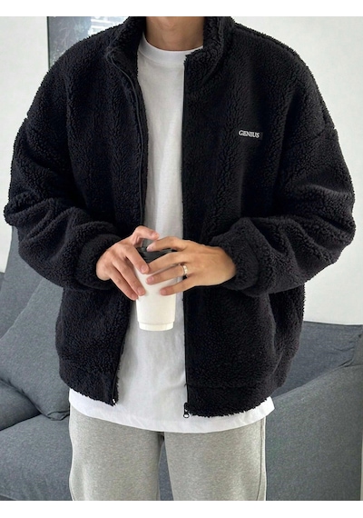 Genius Store Oversize Peluş Tam Fermuarlı Sweatshirt Peluş İçi Polarlı Sherpa Kumaş Sweatshirt Gri