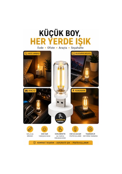 Usb Led Gece Lambası Sarı Işık Dokunmatik Mini Taşınabilir Lamba Laptop Powerbank Araç İçi 6,5 Cm 5v