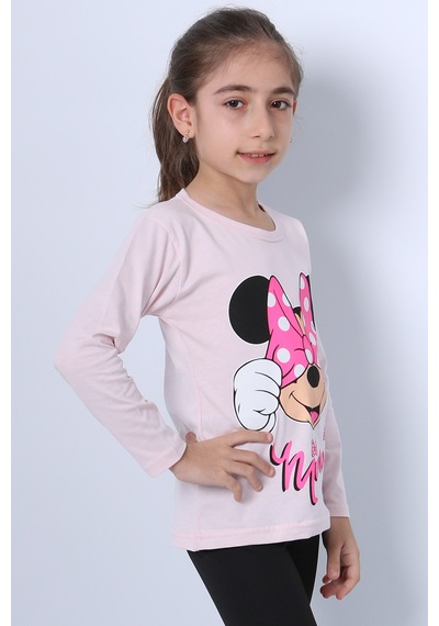 Hçm Kız Çocuk Uzun Kollu Tshirt 4 Mevsim Baskılı Bisiklet Yaka C43 Pembe