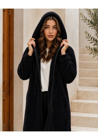 Unika Boutique Kadın Welsoft Fermuarlı Kapüşonlu Uzun Polar Hırka Siyah