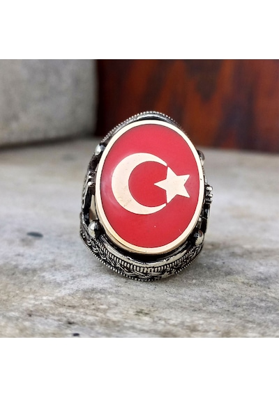 Fkgümüş Kırmızı Mineli Ay Yıldız İşlemeli Erkek Yüzük