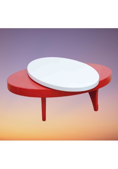Orta sehpa Döner OVAL RUS TARZ Model Kayın Retro Ayak Mdf Tabla Parlak Beyaz ve Kırmızı El Yapım