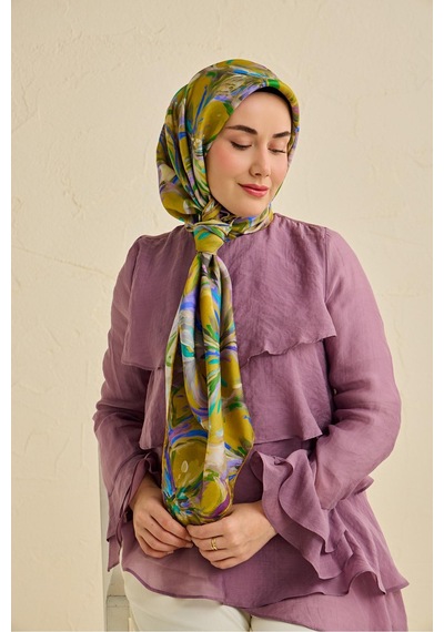 Silk Home Tivil İpek Eşarp Ist 11501- 02 Yağ Yeşili Çiçek Desen Bej