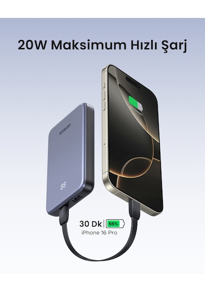 Ugreen 10.000 Mah 20 W Hızlı Şarj Powerbank Pd/qc Taşınabilir Şarj Cihazı, 75131b Gri