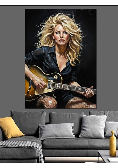 Ahşap Tablo Gitar Çalan Rockçı Kadın