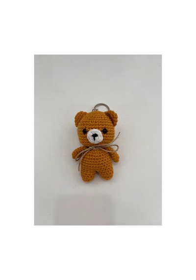 El Yapımı Amigurumi Ayıcık Anahtarlık - Örgü Figür, Jüt Fiyonklu 9-10 Cm Hardal Hardal