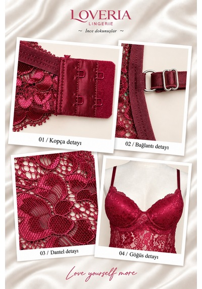 Loveria Bordo Destekli Dantel Detaylı Babydoll Bordo Bordo