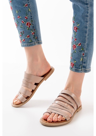 Aymood Hakiki Deri Zebra Model Siyah Beyaz Kadın Terlik Vizon