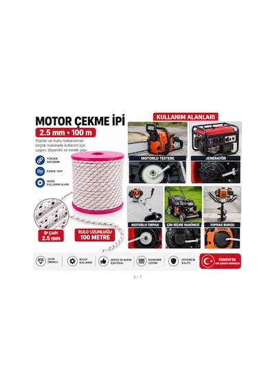 Algaride 2.5mm Motor Çekme İpi 100 Mt Motorlu Testere Jeneratör Ve Motorlu Tırpan Uyumlu Starter Marş İpi