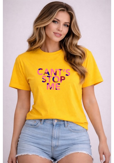 Herkesemoda Cant's Stop Me Baskı Detaylı Basic T-shirt Sarı
