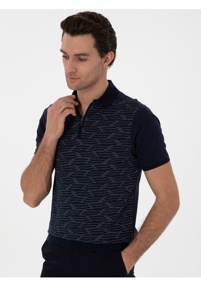 Lacivert Regular Fit Fermuarlı Polo Yaka Desenli T-shirt