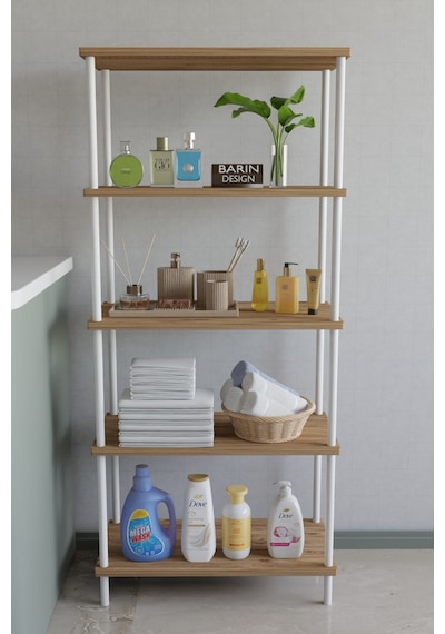 5 Katlı Çevir Kur Metal Gövdeli Banyo Rafı Çok Amaçlı Düzenleyici Organizer Stand Banyo Dolabı Atlantik Çam