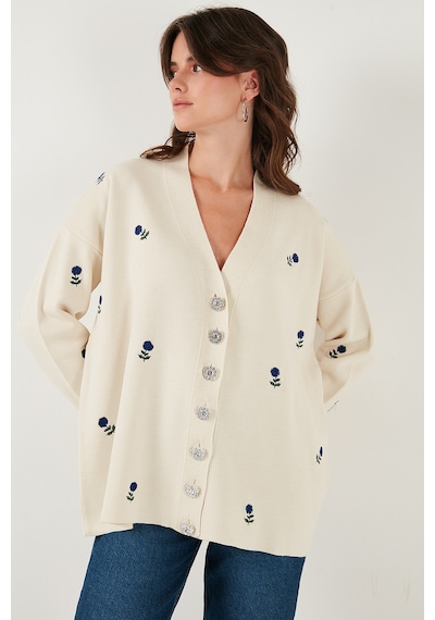 Lela Oversize Fit Desenli V Yaka Triko Bayan Hırka 4616193 Krem-Saks