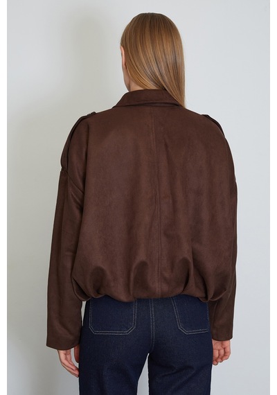 Fullamoda Fermuarlı Polo Yaka Süet Bomber Ceket Kahve