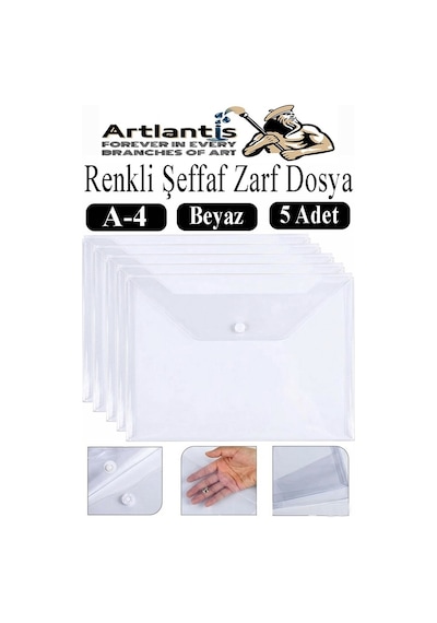 Beyaz A4 Çıtçıtlı Dosya Şeffaf Renkli Zarf Dosya 5 Adet Çıt Çıtlı Dosya Su Geçirmez 100 Yaprak Kapasite
