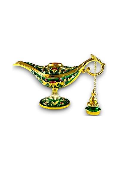 Aladdin Sihirli Lambası Renkli Işlemeli Dekoratif Biblo Alaattin Metal Çelik No:3 - 17x11 CM