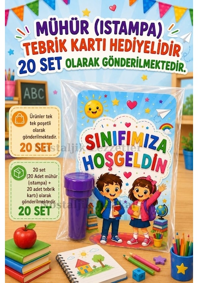 Sınıfımıza Hoşgeldin Yazılı 20 Adet Hediye Seti 1. Sınıf- Sene Başı Hatırası Mühür Istampa Tebrik Kartı Hediyeli