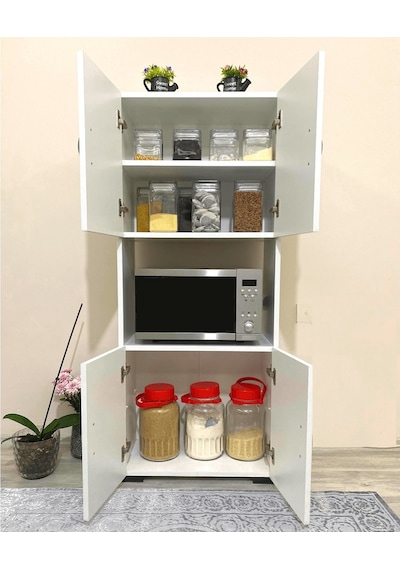 4 Kapaklı Orta Bölmeli Çok Amaçlı Beyaz Mikrodalga Fırın Dolabı,