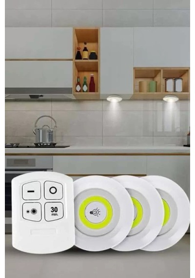Home Yapışkanlı 3'lü Spot Led Işık Lamba Montajsız Pilli Uzaktan Kumandalı