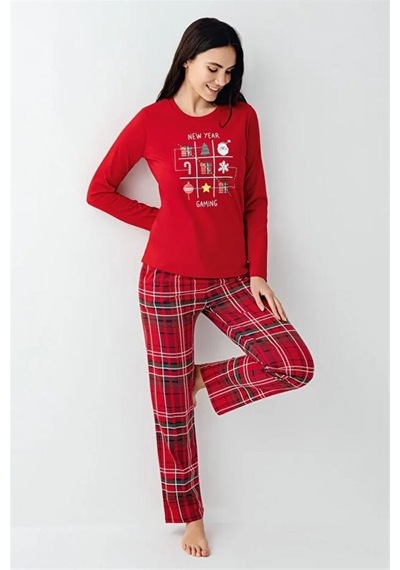 Arnetta %100 Pamuk Ekose Yılbaşı Konsept Bayan Pijama Takım Kırmızı