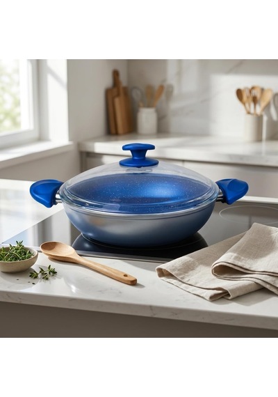 Argos 26 Cm Karnıyarık Tenceresi - Gri Gövde Ve Mavi Kırçıllı Özel Kaplama - Ergonomik Tasarımlı - Cam Kapaklı
