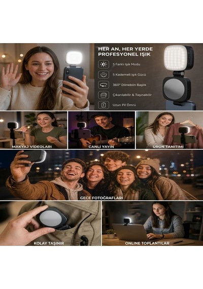 Buffer Çıkarılabilir Ayna Özellikli Manyetik Cep Telefonu Led Video Işığı, 5 Farklı Işık Modu Ve 5 Kademeli Işık Gücü A