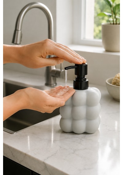 Modern Bubble Sıvı Sabunluk 400 Ml Siyah Pompalı Kabarcık Desenli Banyo Ve Mutfak Tezgâh Üstü Dispenser - 15 Cm X 9 Cm X 6,5 Cm Gri