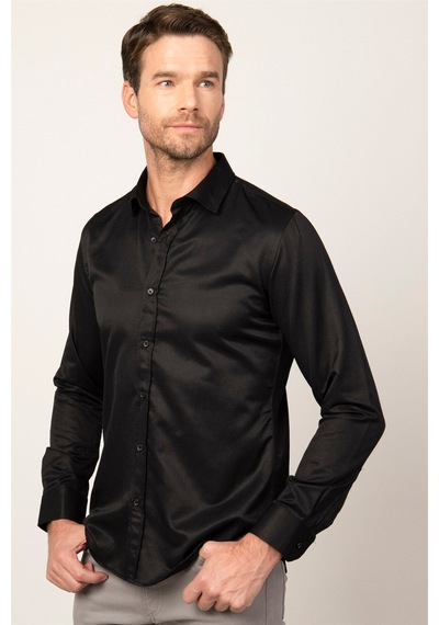 Tudors Slim Fit Uzun Kollu Armürlü Erkek Siyah Gömlek-25756 Siyah