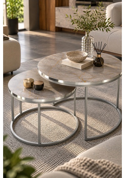 Sulorahome Gümüş Metal Ayaklı Mermer Desenli 2'li Yuvarlak Orta Sehpa Seti Antrasit - Safirmeşe Sulorahome Gümüş Metal Ayaklı Mermer Desenli 2'li Yuvarlak Orta Sehpa Seti Antrasit - Safirmeşe