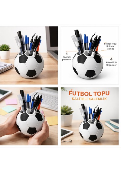 Futbol Topu Kalemlik Masaüstü Kalem Organizer Dekoratif Kalem Tutucu Ofis & Kalemlik Siyah - Beyaz