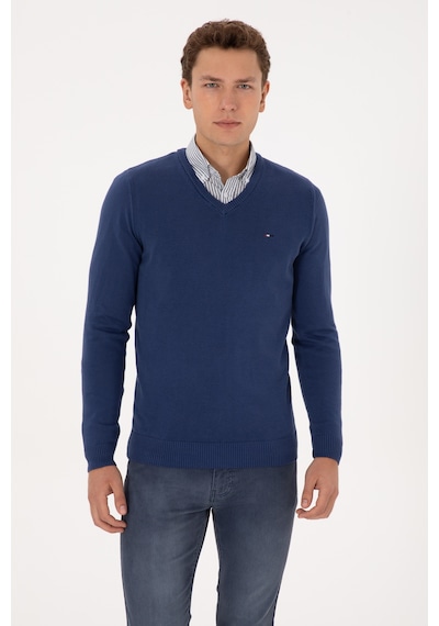 U.S. Polo Assn. Erkek Slim Fit V Yaka İndigo Basic Kazak 50313668-VR028
