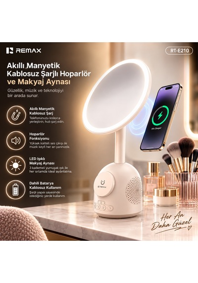 3'ü 1 Ara Makyaj Aynalı Led Masa Lambası - 15w Magsafe Kablosuz Şarj & Bluetooth Hoparlör Rt-e210