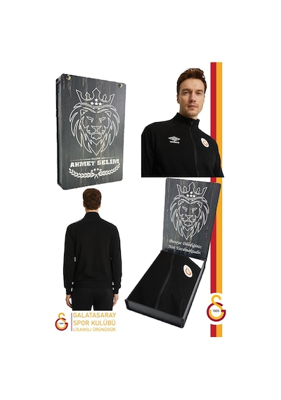 Gsstore Galatasaray Lisanslı Dik Yaka Fermuarlı Siyah Sweat Kişiye Özel Ahşap Kutululu Siyah