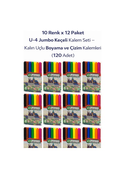 U-4 Jumbo Keçeli Kalem 10 Renk X 12 Paket Kalın Uçlu Boyama Ve Çizim Kalemi Seti 120 Adet