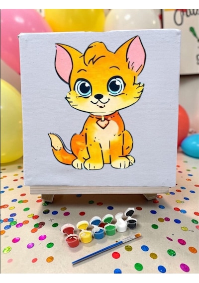 Çocuklar İçin Tuval Boyama Seti Sevimli Kedi 20x20 Cm Tuval, Şövale, Fırça Ve 6 Renk Akrilik Boya Seti