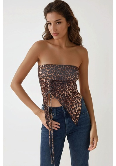 Hiccup Leopar Desenli Büzgü Detaylı Straplez Crop Üst Çok Renkli