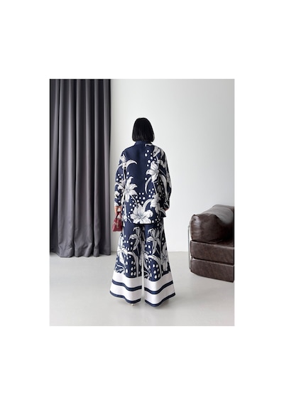Wellway İthal Chokellaa Kumaş Çiçekli Tunik Gömlek & Pantolon 2li Takım-lacivert -26126 Lacivert